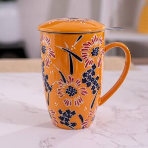 Yellow Flower Design 15oz Tea Mugs with Lid and Infuser