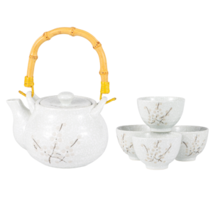 White Ume Plum Blossoms Tea Set 27oz Tea Pot with 4 Cups (1/12)