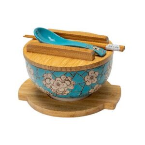 Spring Blossoms 28oz 6"D Bowl With Chopsticks, Spoon Bamboo Lid and Trivet Set (1/8)