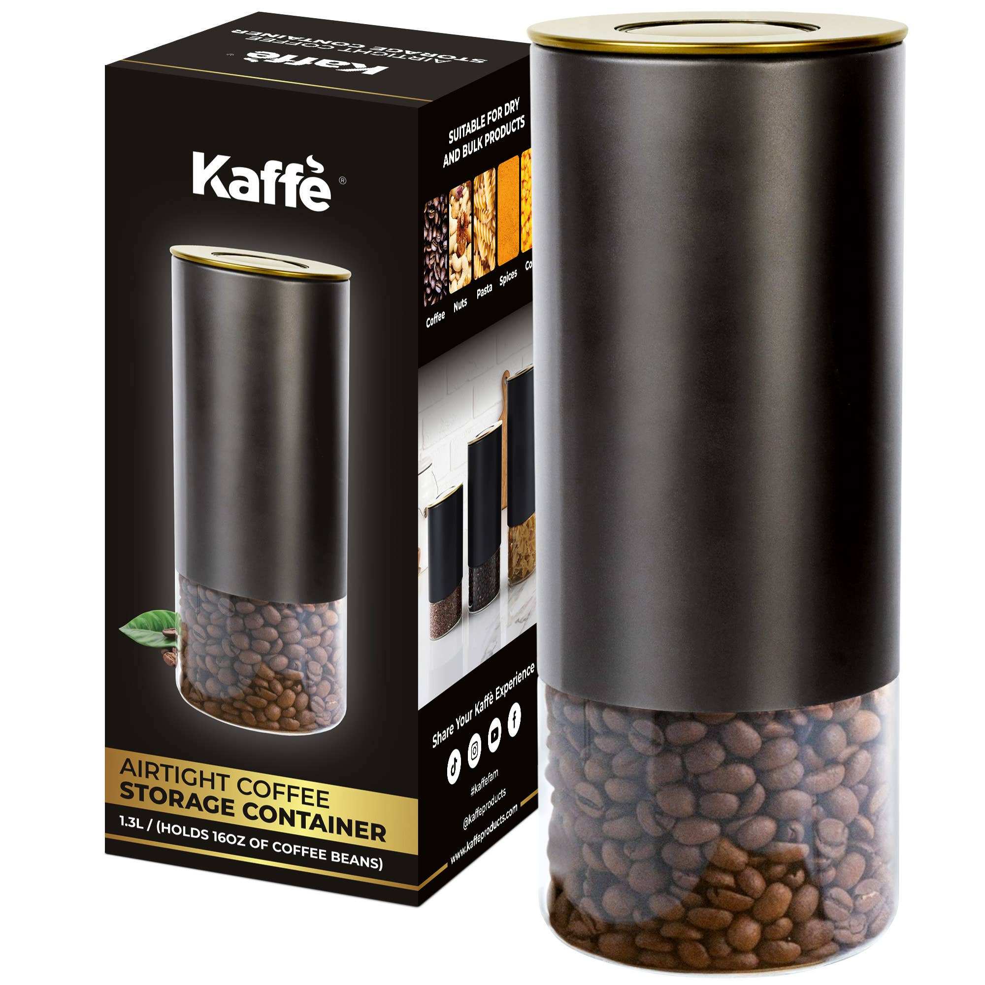 Kaffe Coffee Canister Storage Container Black/Gold Round